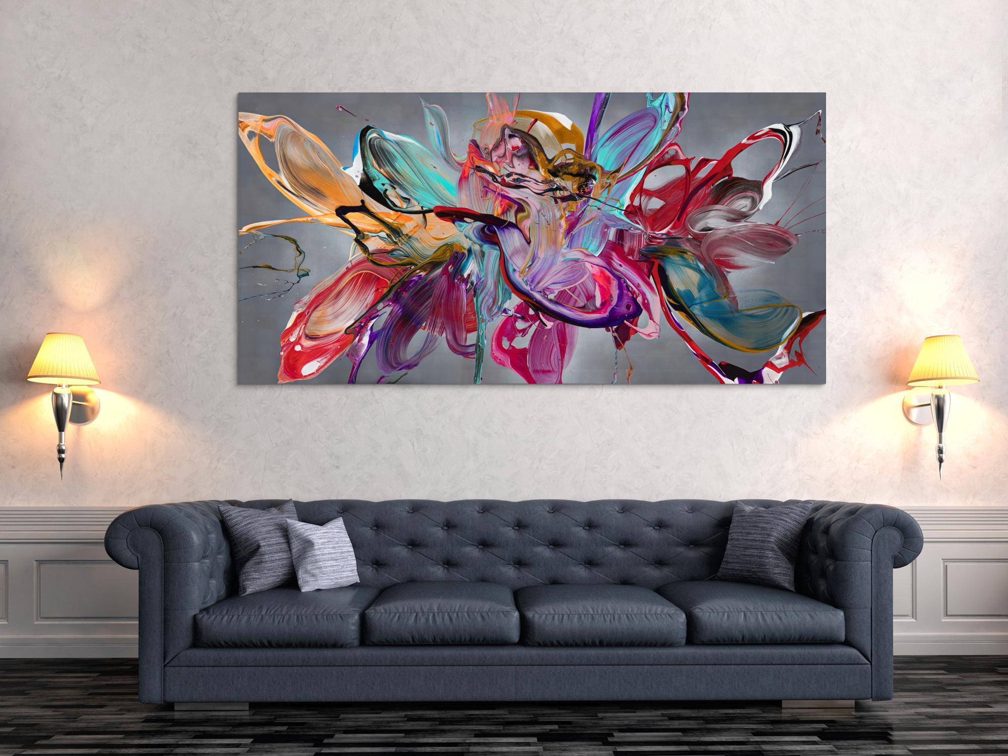 Abstraktes Original Gemälde 100x200cm Action Painting Modern Art auf Leinwand Mischtechnik anthrazit rot türkis hochwertig