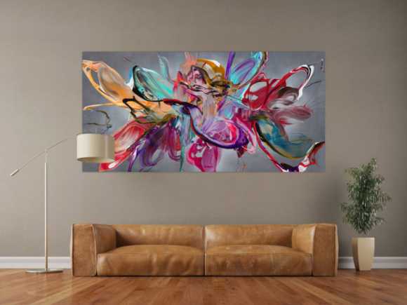 Abstraktes Original Gemälde 100x200cm Action Painting Modern Art auf Leinwand Mischtechnik anthrazit rot türkis hochwertig