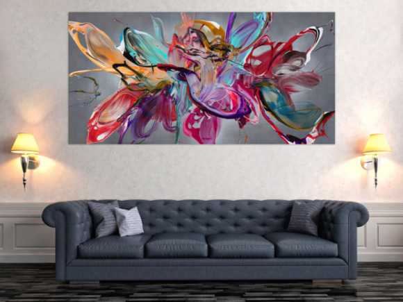 Abstraktes Original Gemälde 100x200cm Action Painting Modern Art auf Leinwand Mischtechnik anthrazit rot türkis hochwertig