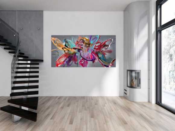 Abstraktes Original Gemälde 100x200cm Action Painting Modern Art auf Leinwand Mischtechnik anthrazit rot türkis hochwertig