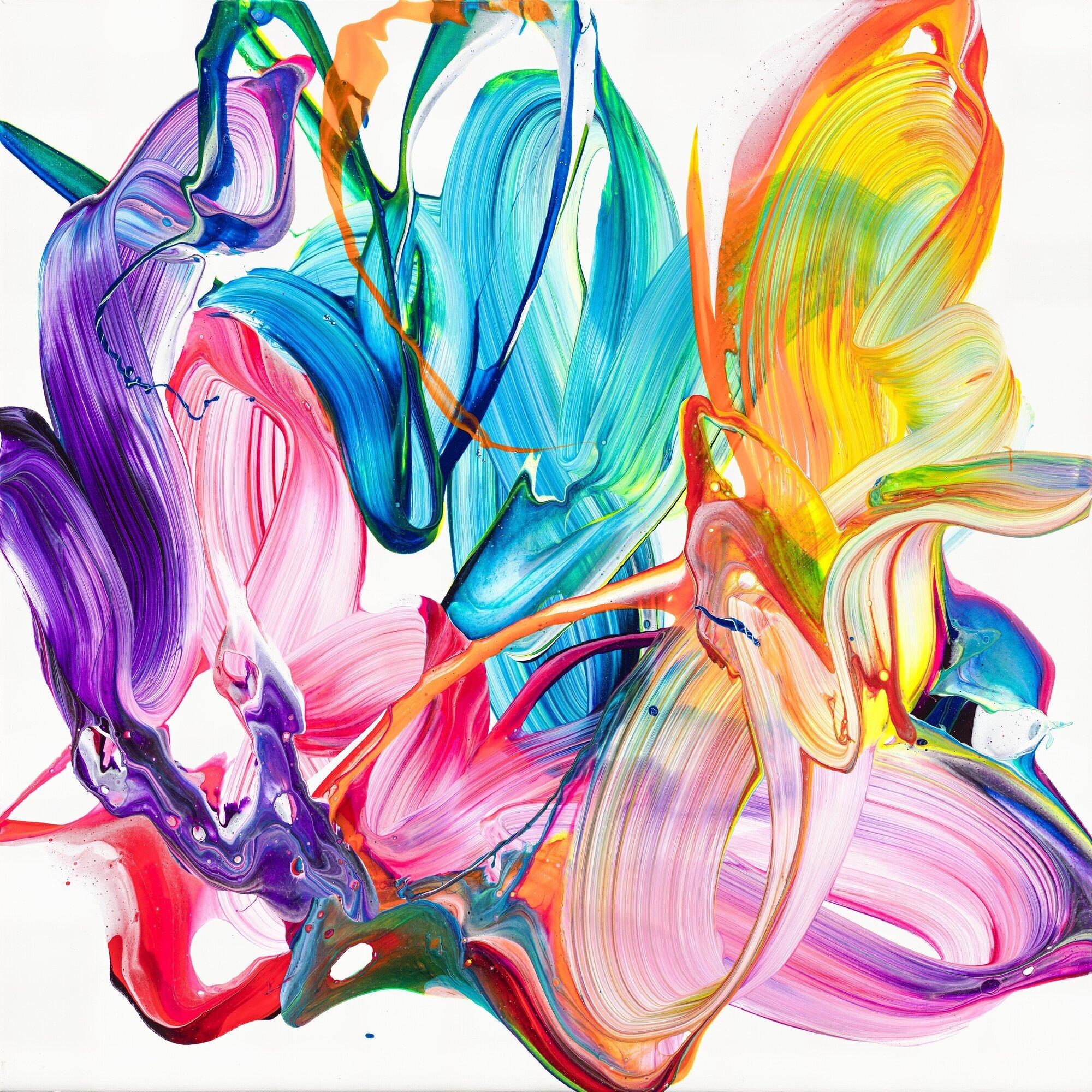 Original Gemälde abstrakt 80x80cm Action Painting Modern Art handgefertigt Fluid Painting weiß bunt rosa hochwertig