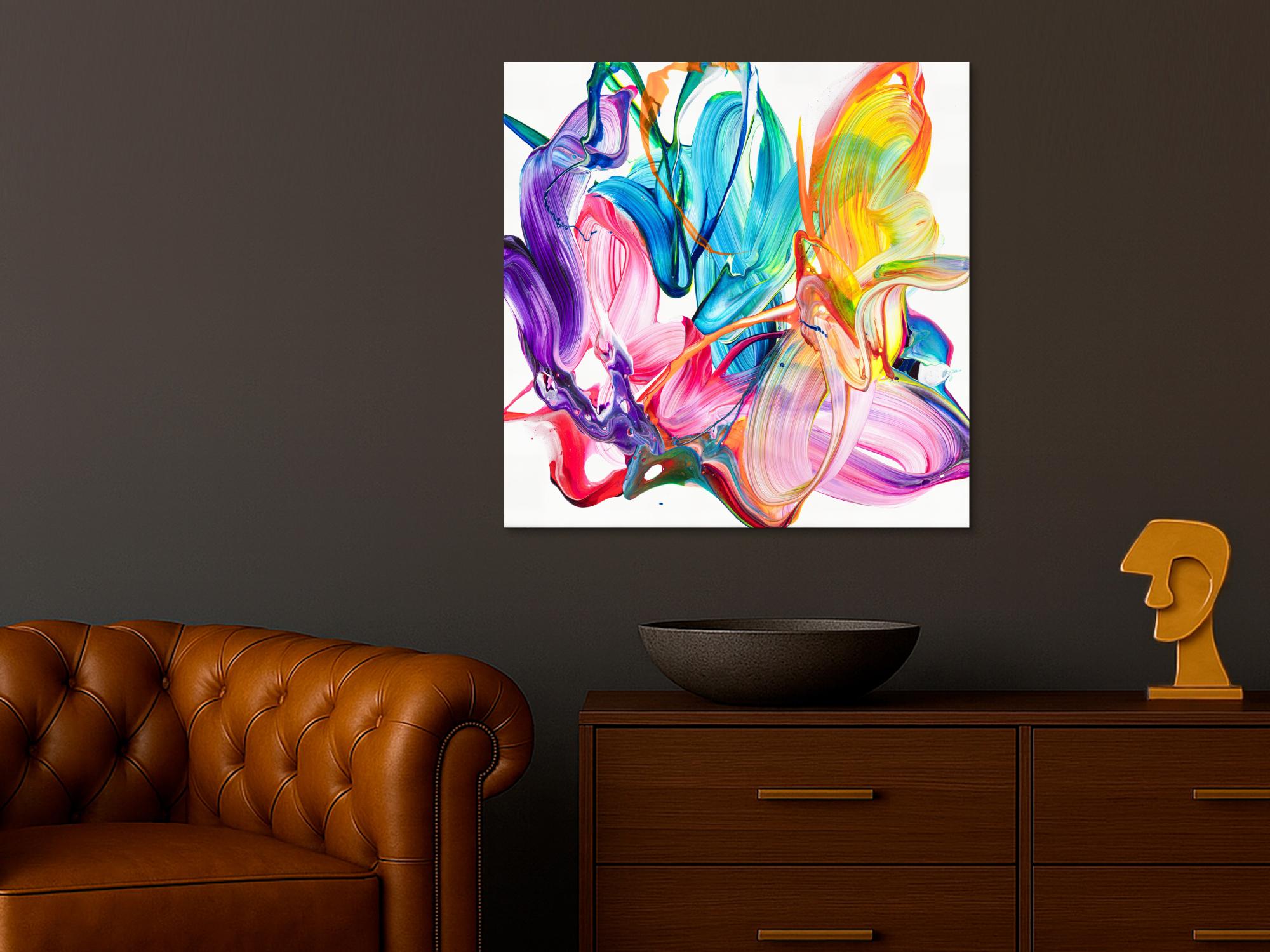 Original Gemälde abstrakt 80x80cm Action Painting Modern Art handgefertigt Fluid Painting weiß bunt rosa hochwertig