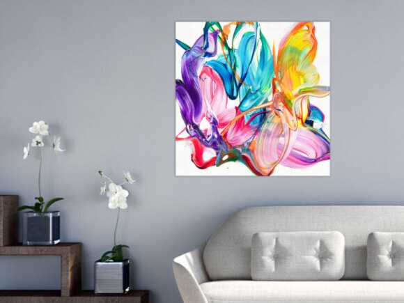 Abstraktes Original Gemälde 80x80cm Action Painting zeitgenössisch handgefertigt Fluid Painting bunt weiß rosa blau einzigartig