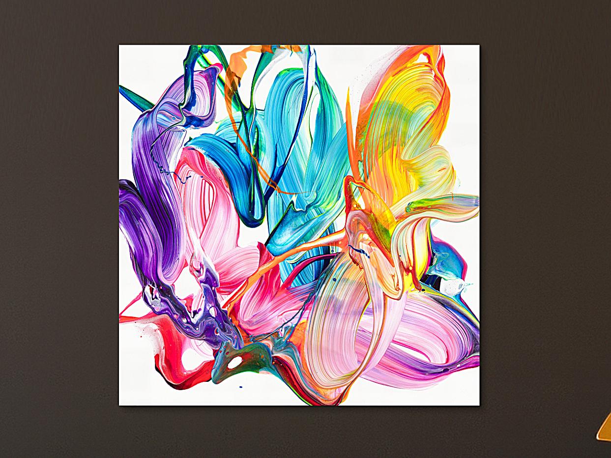 Original Gemälde abstrakt 80x80cm Action Painting Modern Art handgefertigt Fluid Painting weiß bunt rosa hochwertig