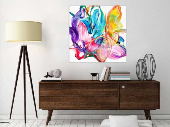 Original Gemälde abstrakt 80x80cm Action Painting Modern Art handgefertigt Fluid Painting weiß bunt rosa hochwertig