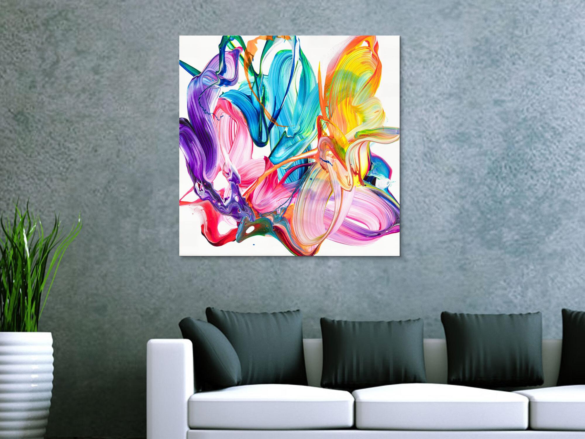 Original Gemälde abstrakt 80x80cm Action Painting Modern Art handgefertigt Fluid Painting weiß bunt rosa hochwertig