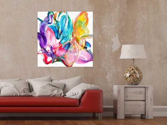 Original Gemälde abstrakt 80x80cm Action Painting Modern Art handgefertigt Fluid Painting weiß bunt rosa hochwertig