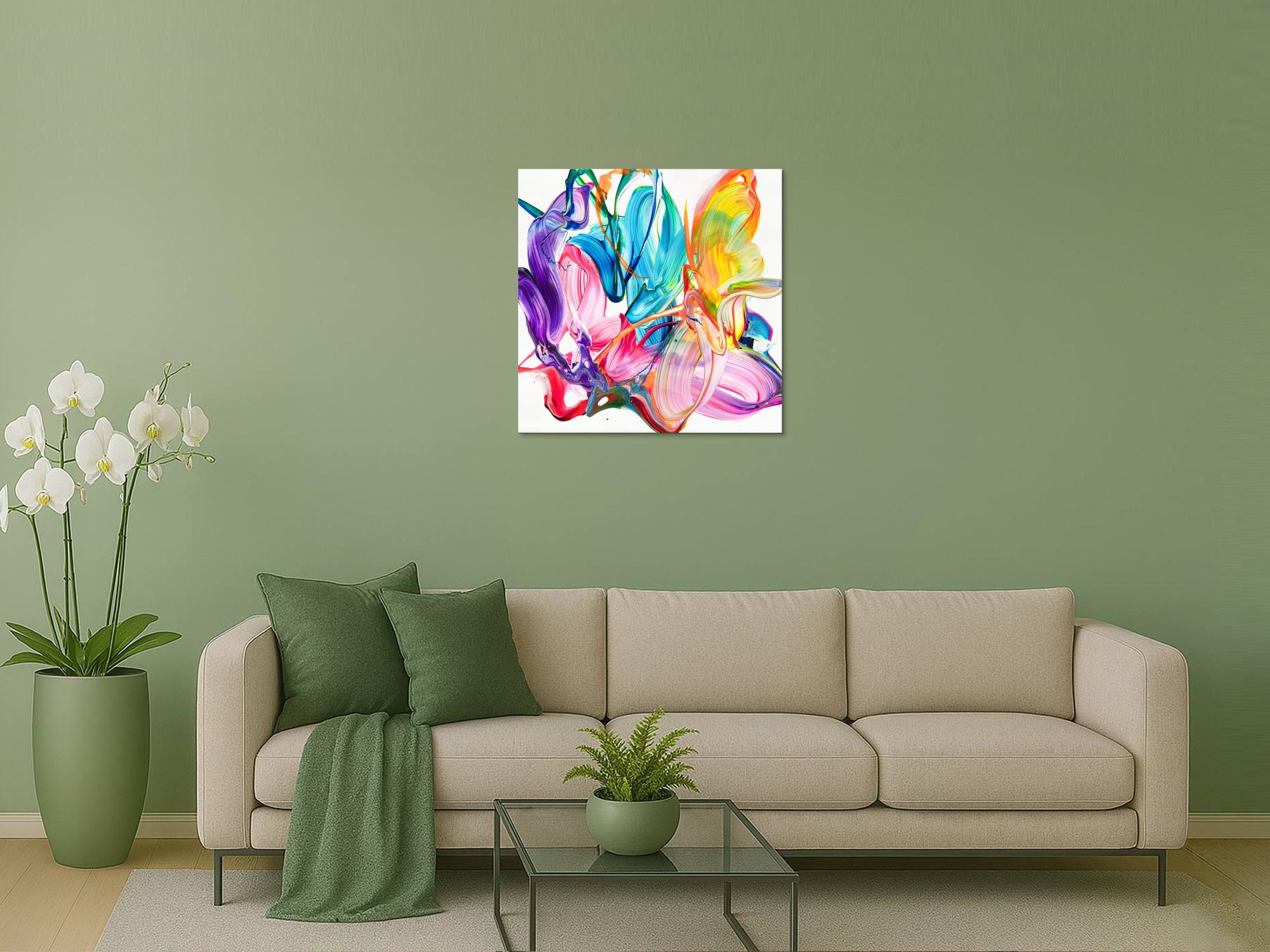 Original Gemälde abstrakt 80x80cm Action Painting Modern Art handgefertigt Fluid Painting weiß bunt rosa hochwertig