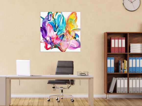 Original Gemälde abstrakt 80x80cm Action Painting Modern Art handgefertigt Fluid Painting weiß bunt rosa hochwertig
