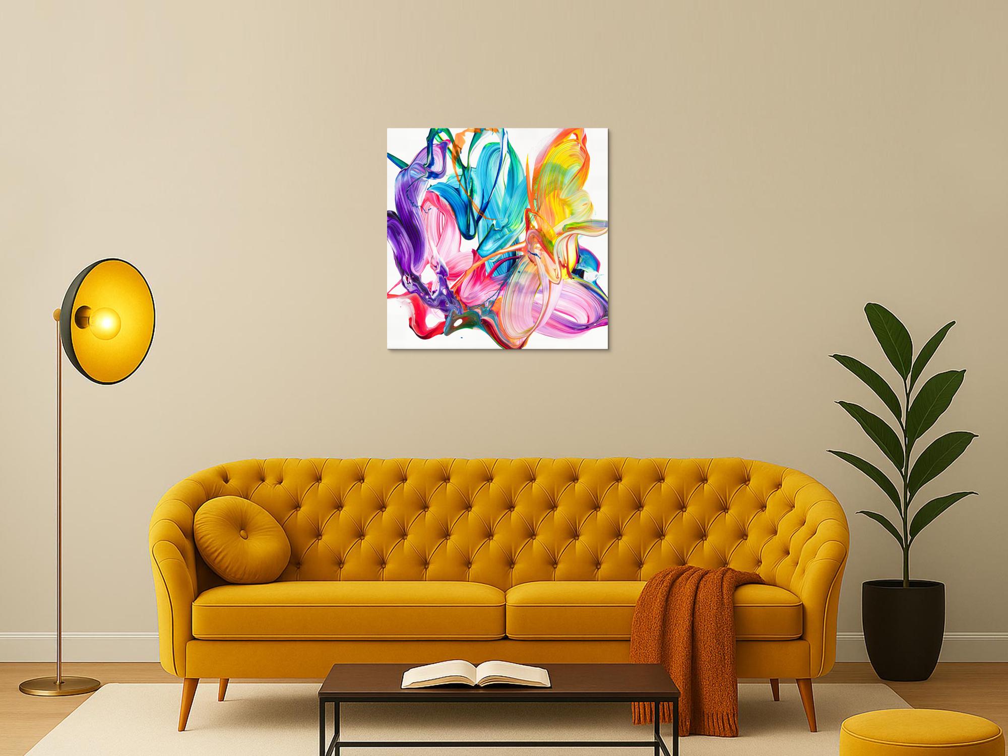 Original Gemälde abstrakt 80x80cm Action Painting Modern Art handgefertigt Fluid Painting weiß bunt rosa hochwertig