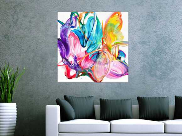 Original Gemälde abstrakt 80x80cm Action Painting Modern Art handgefertigt Fluid Painting weiß bunt rosa hochwertig