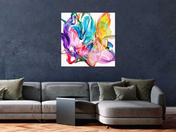 Original Gemälde abstrakt 80x80cm Action Painting Modern Art handgefertigt Fluid Painting weiß bunt rosa hochwertig