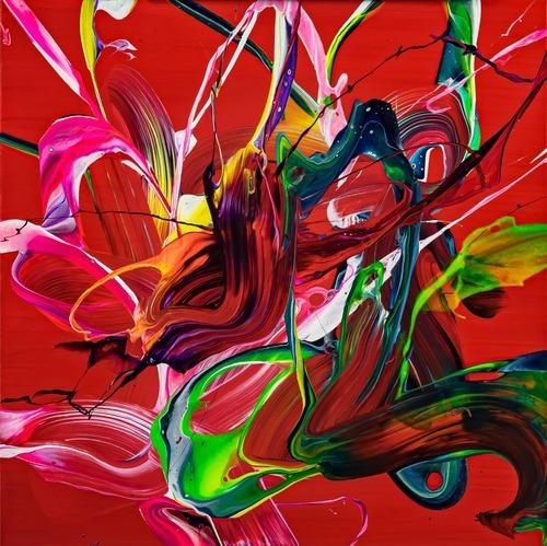 Abstraktes Original Gemälde 70x70cm Action Painting expressionistisch auf Leinwand Fluid Painting rot bunt blau hochwertig