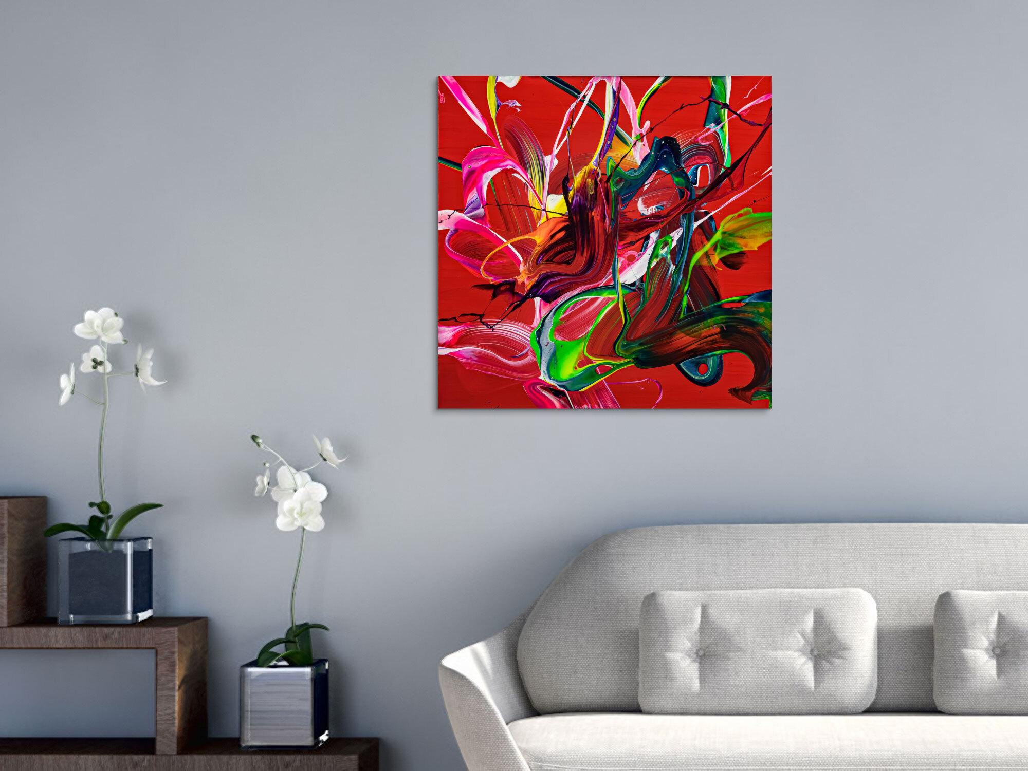 Abstraktes Original Gemälde 70x70cm Action Painting expressionistisch auf Leinwand Fluid Painting rot bunt blau hochwertig