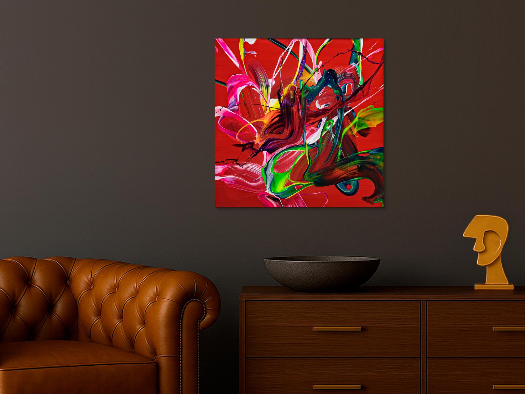 Abstraktes Original Gemälde 70x70cm Action Painting expressionistisch auf Leinwand Fluid Painting rot bunt blau hochwertig