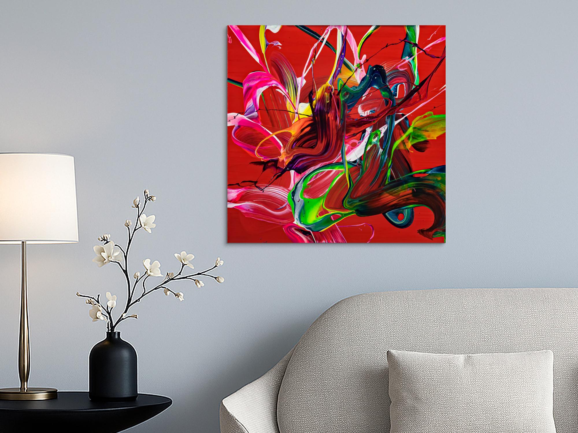 Abstraktes Original Gemälde 70x70cm Action Painting expressionistisch auf Leinwand Fluid Painting rot bunt blau hochwertig