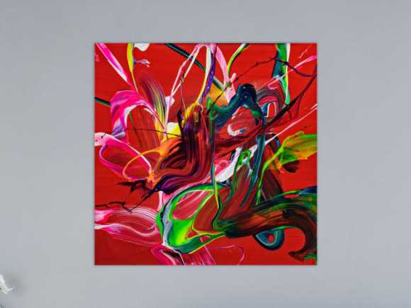 Abstraktes Original Gemälde 70x70cm Action Painting expressionistisch auf Leinwand Fluid Painting rot bunt blau hochwertig