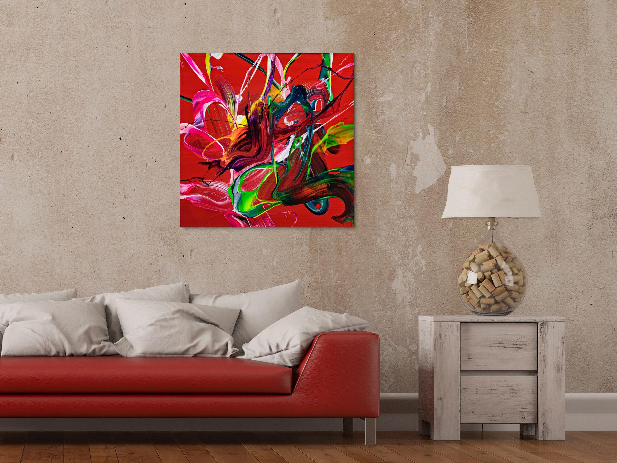 Abstraktes Original Gemälde 70x70cm Action Painting expressionistisch auf Leinwand Fluid Painting rot bunt blau hochwertig