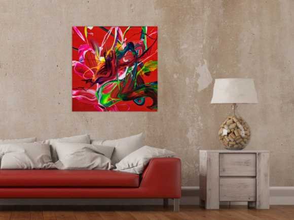 Abstraktes Original Gemälde 70x70cm Action Painting expressionistisch auf Leinwand Fluid Painting rot bunt blau hochwertig