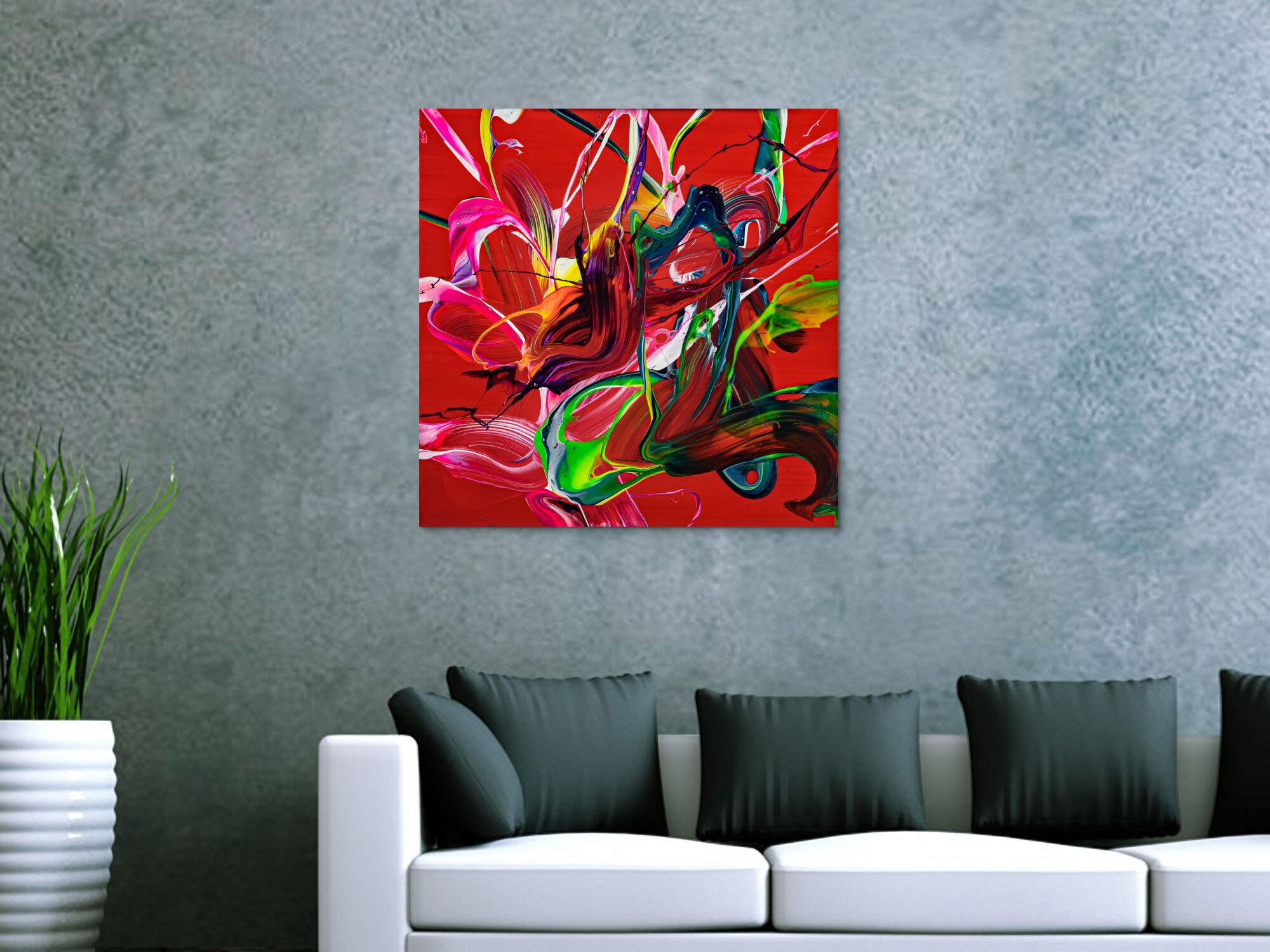 Abstraktes Original Gemälde 70x70cm Action Painting expressionistisch auf Leinwand Fluid Painting rot bunt blau hochwertig