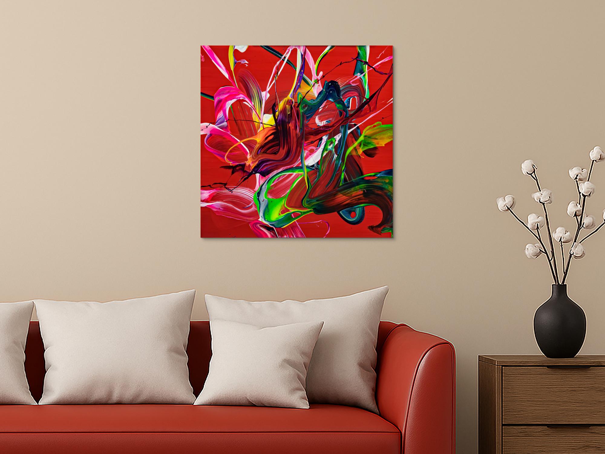 Abstraktes Original Gemälde 70x70cm Action Painting expressionistisch auf Leinwand Fluid Painting rot bunt blau hochwertig