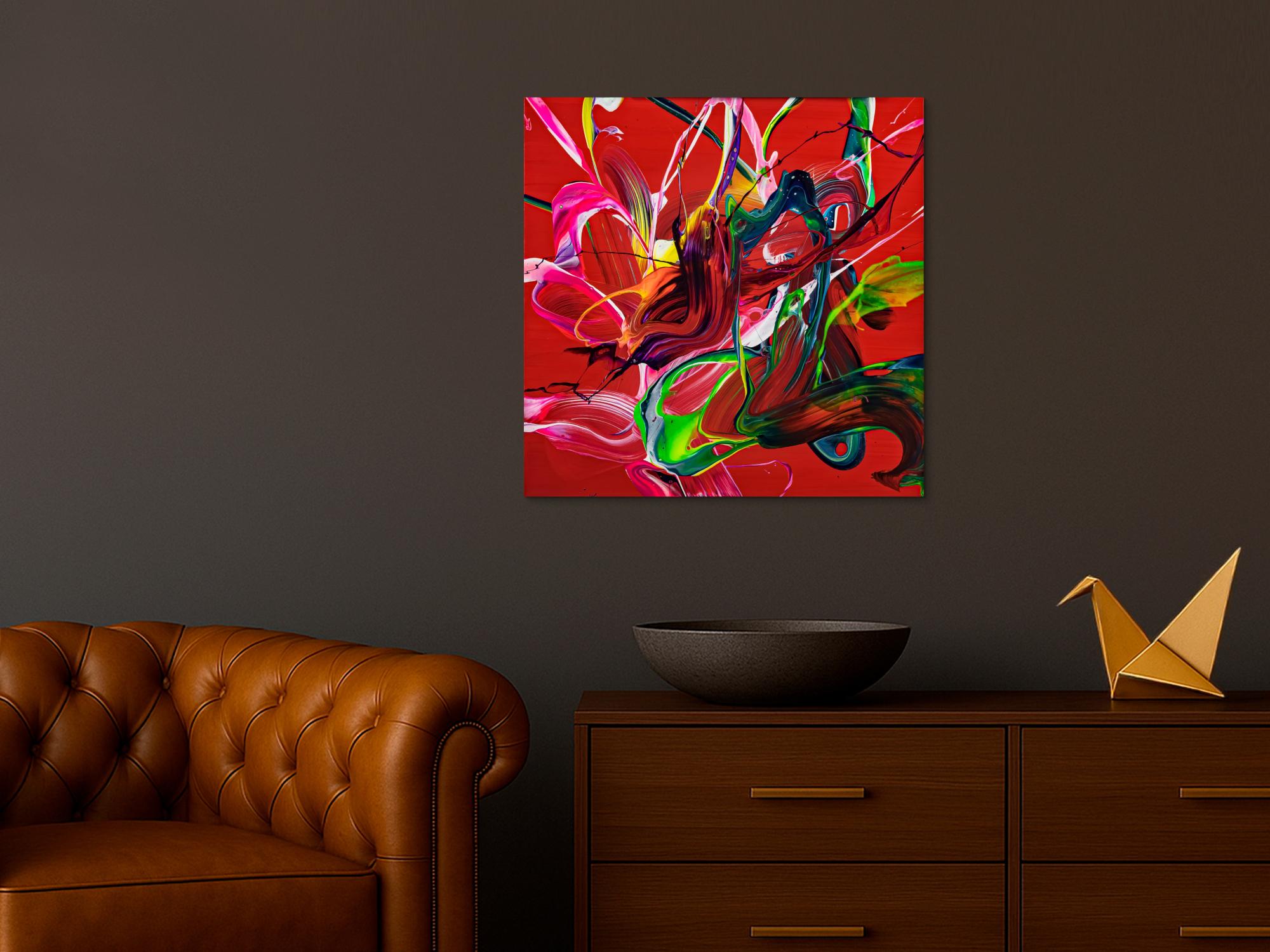 Abstraktes Original Gemälde 70x70cm Action Painting expressionistisch auf Leinwand Fluid Painting rot bunt blau hochwertig