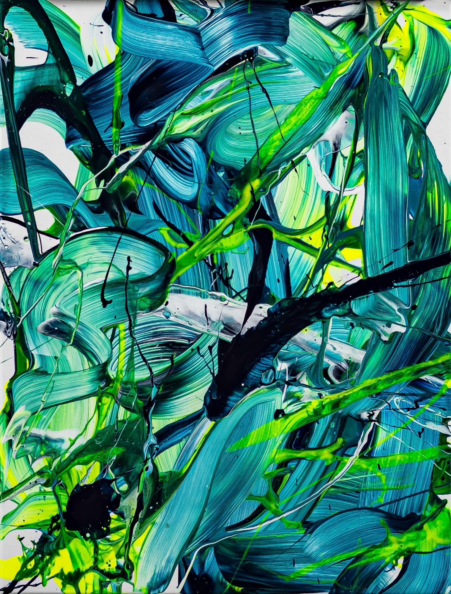 Original Gemälde abstrakt 60x50cm Action Painting Moderne Kunst handgefertigt Fluid Painting türkis hellgrün grün hochwertig