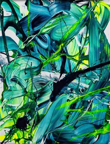 Original Gemälde abstrakt 60x50cm Action Painting Moderne Kunst handgefertigt Fluid Painting türkis hellgrün grün hochwertig