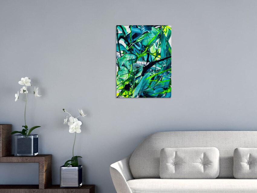 Original Gemälde abstrakt 60x50cm Action Painting Moderne Kunst handgefertigt Fluid Painting türkis hellgrün grün hochwertig