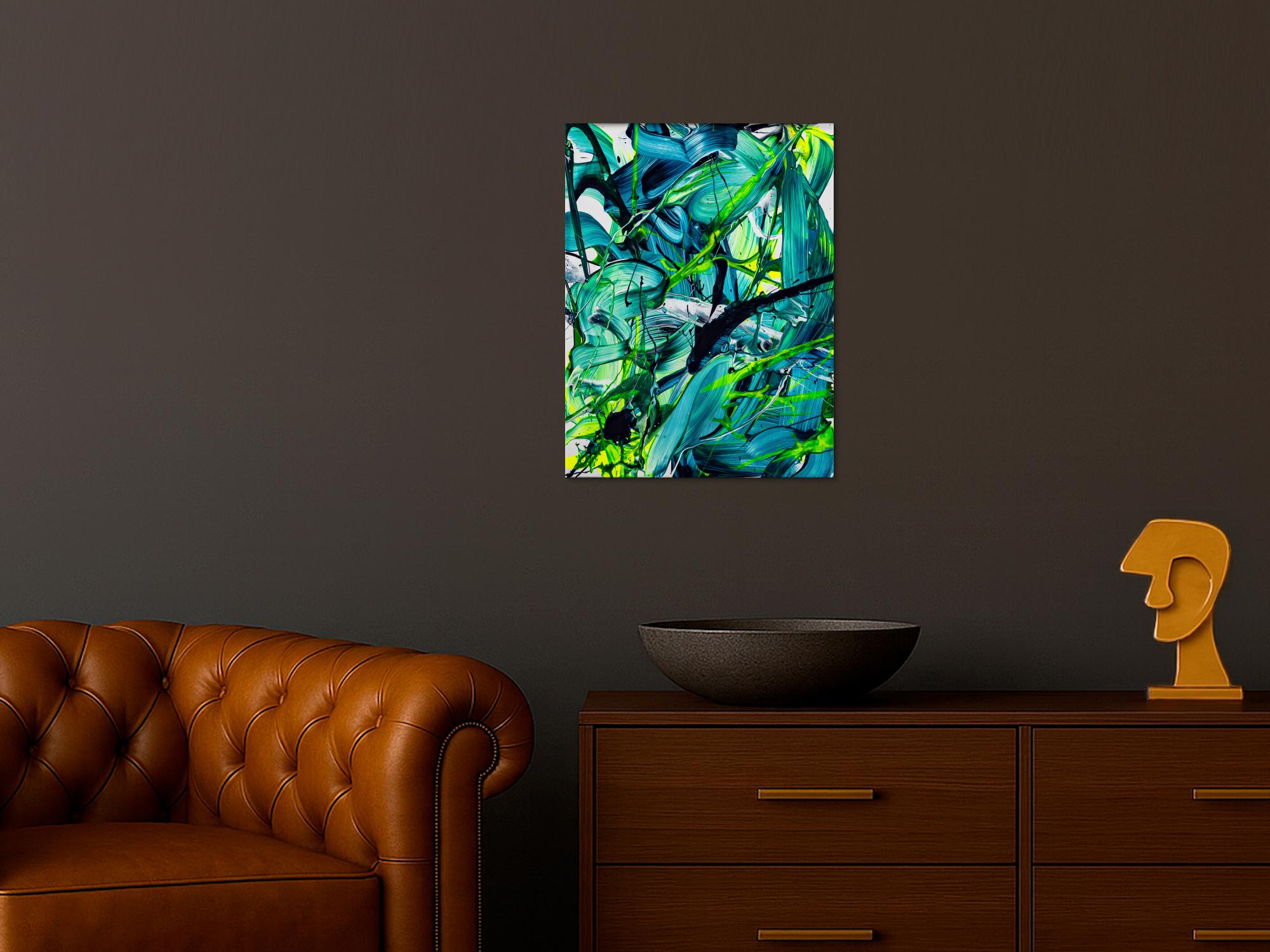 Original Gemälde abstrakt 60x50cm Action Painting Moderne Kunst handgefertigt Fluid Painting türkis hellgrün grün hochwertig