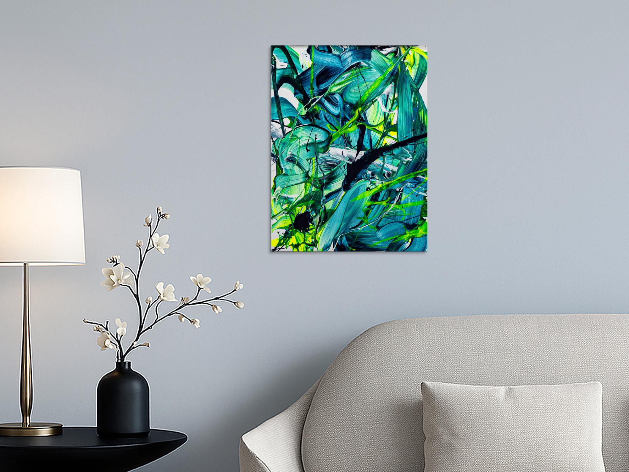 Original Gemälde abstrakt 60x50cm Action Painting Moderne Kunst handgefertigt Fluid Painting türkis hellgrün grün hochwertig