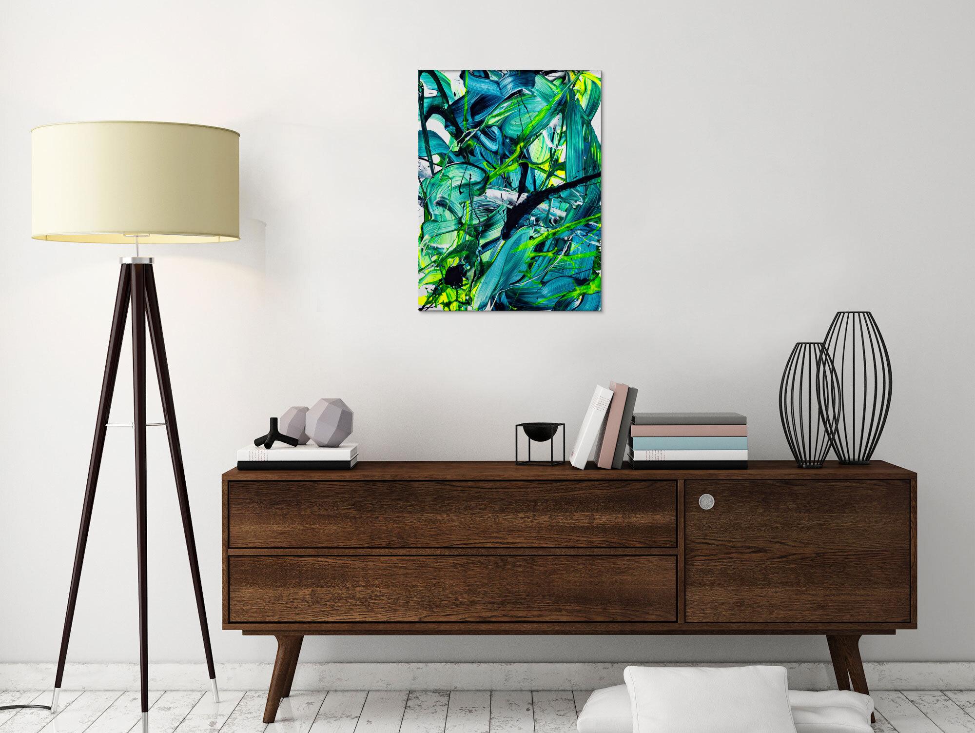 Original Gemälde abstrakt 60x50cm Action Painting Moderne Kunst handgefertigt Fluid Painting türkis hellgrün grün hochwertig