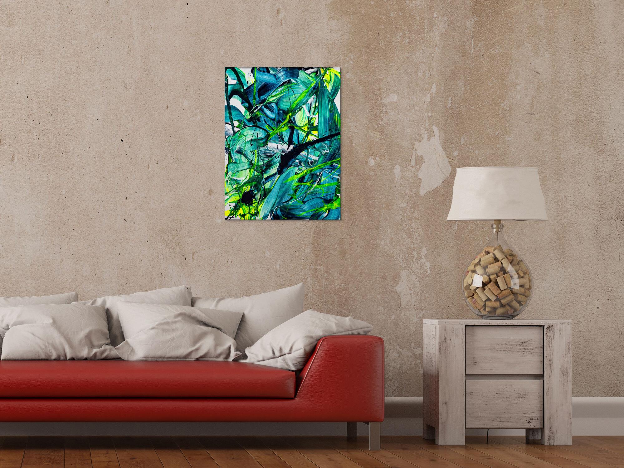 Original Gemälde abstrakt 60x50cm Action Painting Moderne Kunst handgefertigt Fluid Painting türkis hellgrün grün hochwertig