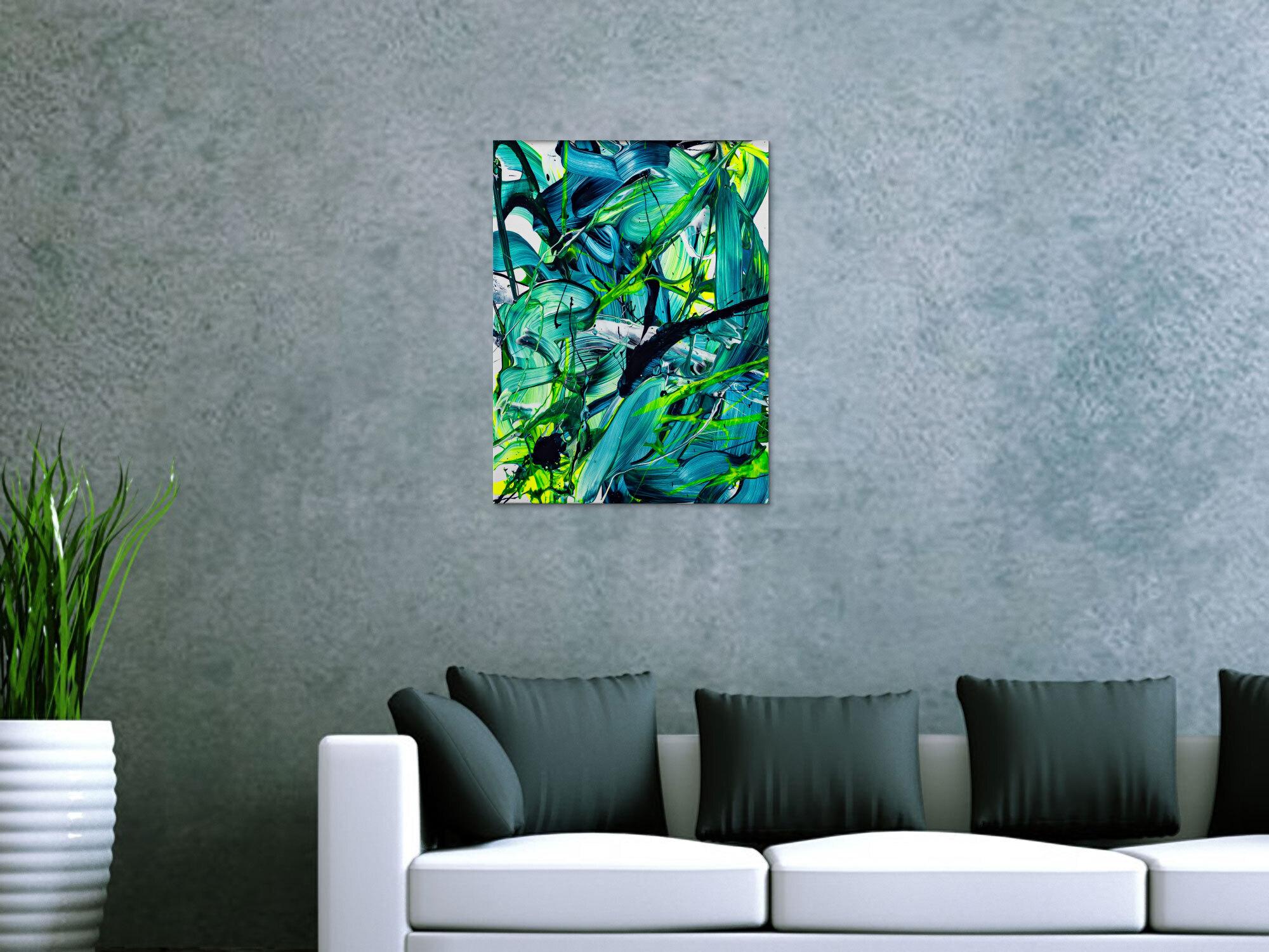 Original Gemälde abstrakt 60x50cm Action Painting Moderne Kunst handgefertigt Fluid Painting türkis hellgrün grün hochwertig