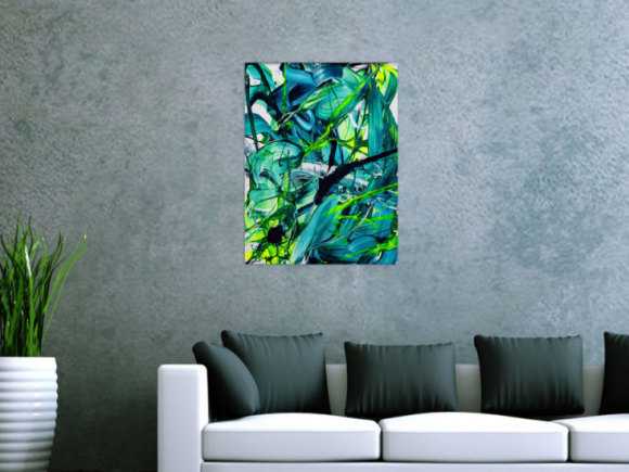 Original Gemälde abstrakt 60x50cm Action Painting Moderne Kunst handgefertigt Fluid Painting türkis hellgrün grün hochwertig