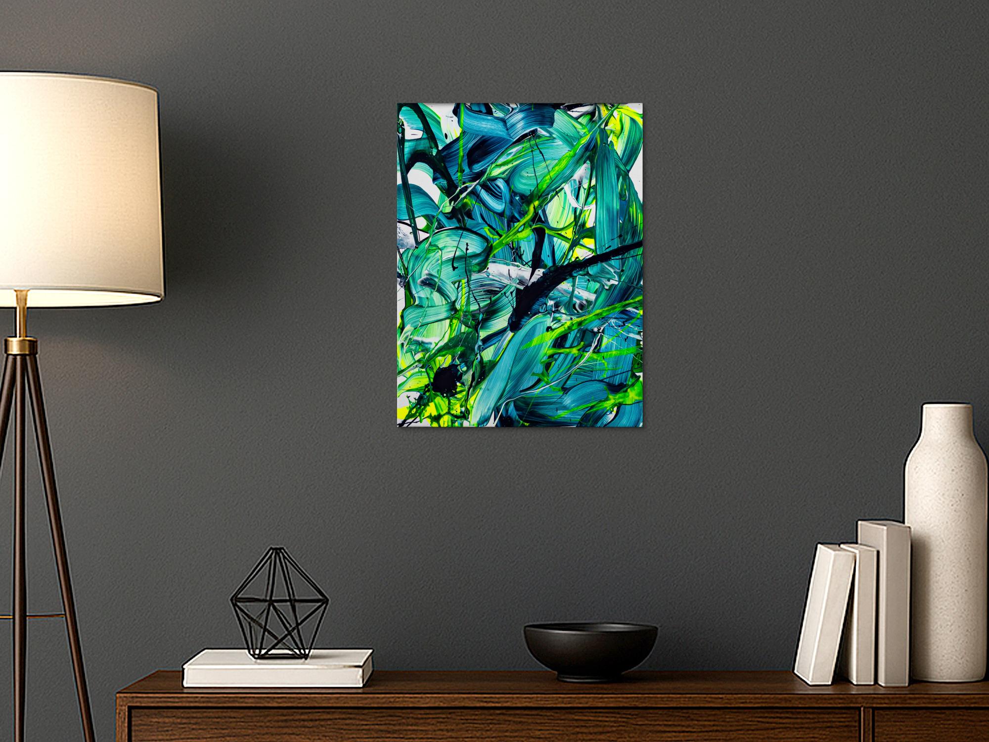 Original Gemälde abstrakt 60x50cm Action Painting Moderne Kunst handgefertigt Fluid Painting türkis hellgrün grün hochwertig