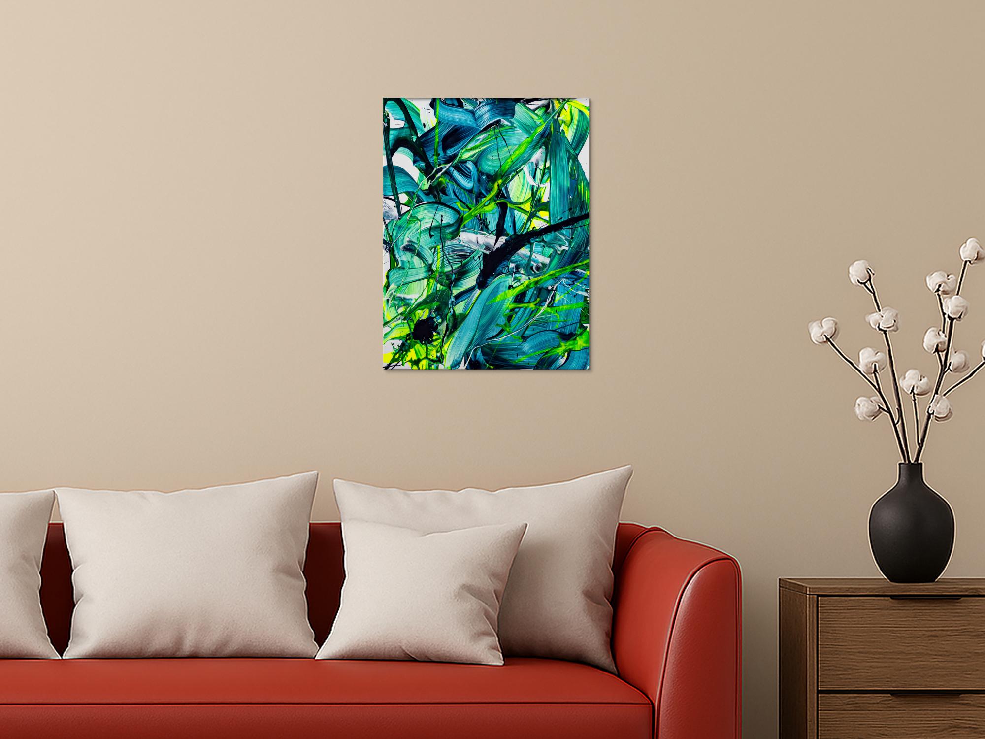 Original Gemälde abstrakt 60x50cm Action Painting Moderne Kunst handgefertigt Fluid Painting türkis hellgrün grün hochwertig