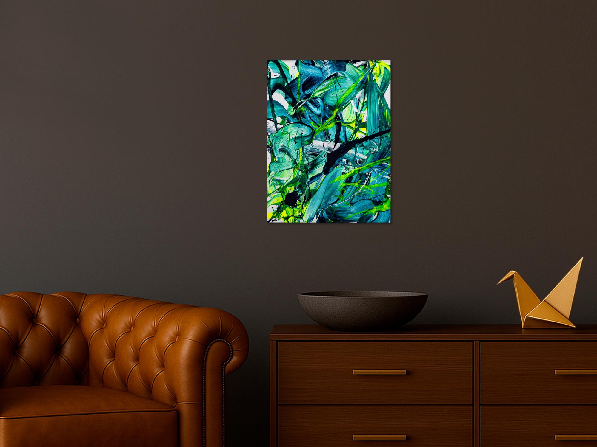 Original Gemälde abstrakt 60x50cm Action Painting Moderne Kunst handgefertigt Fluid Painting türkis hellgrün grün hochwertig