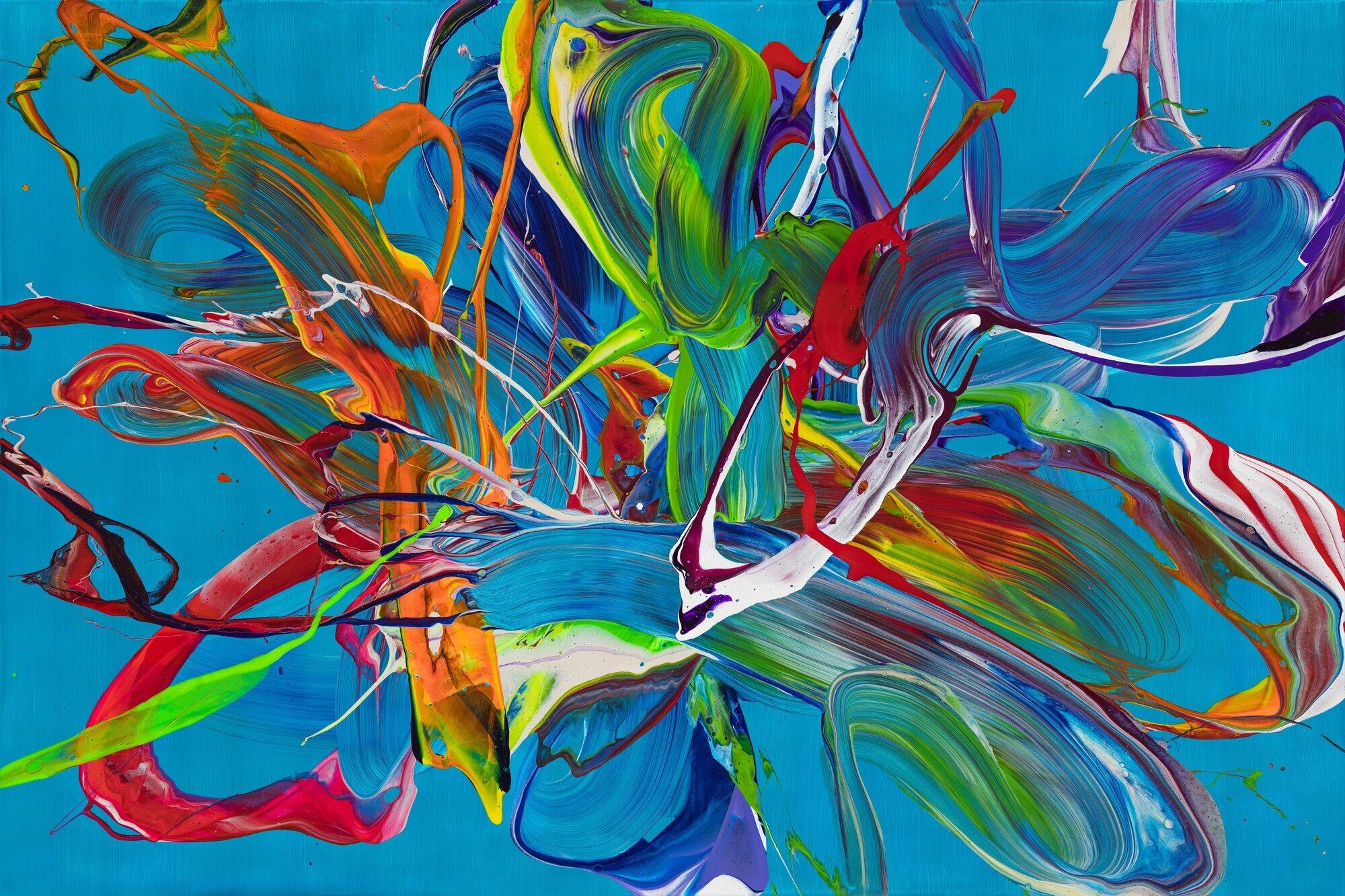 Original Gemälde abstrakt 100x150cm Action Painting Modern Art handgemalt Fluid Painting türkis bunt blau einzigartig