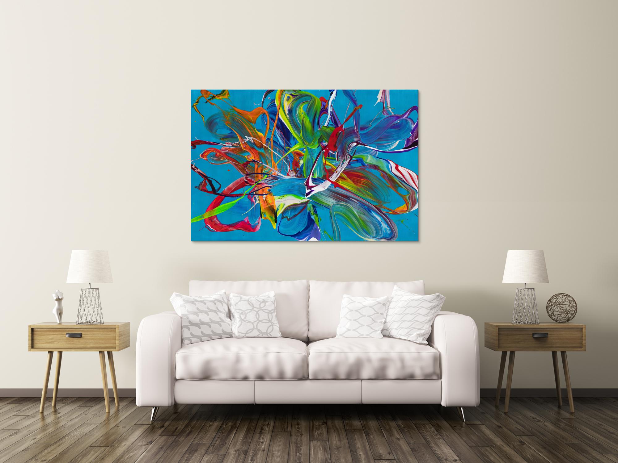 Original Gemälde abstrakt 100x150cm Action Painting Modern Art handgemalt Fluid Painting türkis bunt blau einzigartig