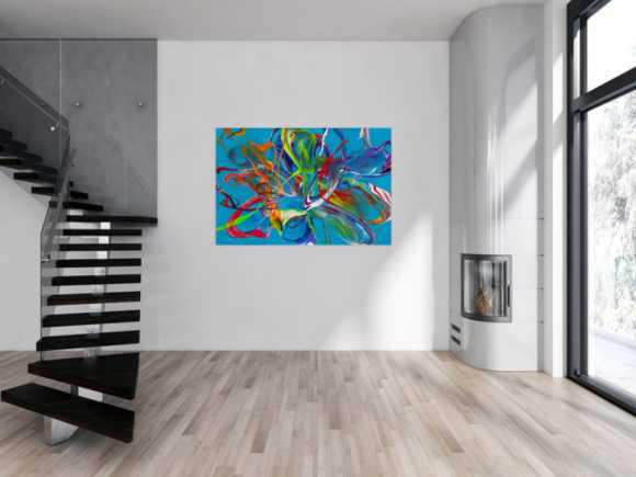 Original Gemälde abstrakt 100x150cm Action Painting Modern Art handgemalt Fluid Painting türkis bunt blau einzigartig