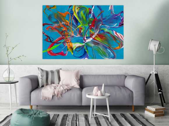 Original Gemälde abstrakt 100x150cm Action Painting Modern Art handgemalt Fluid Painting türkis bunt blau einzigartig