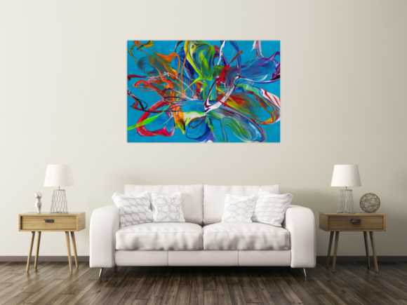 Original Gemälde abstrakt 100x150cm Action Painting Modern Art handgemalt Fluid Painting türkis bunt blau einzigartig