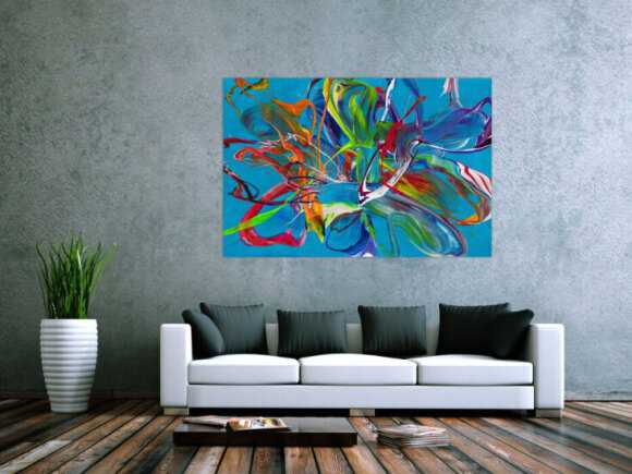 Original Gemälde abstrakt 100x150cm Action Painting Modern Art handgemalt Fluid Painting türkis bunt blau einzigartig