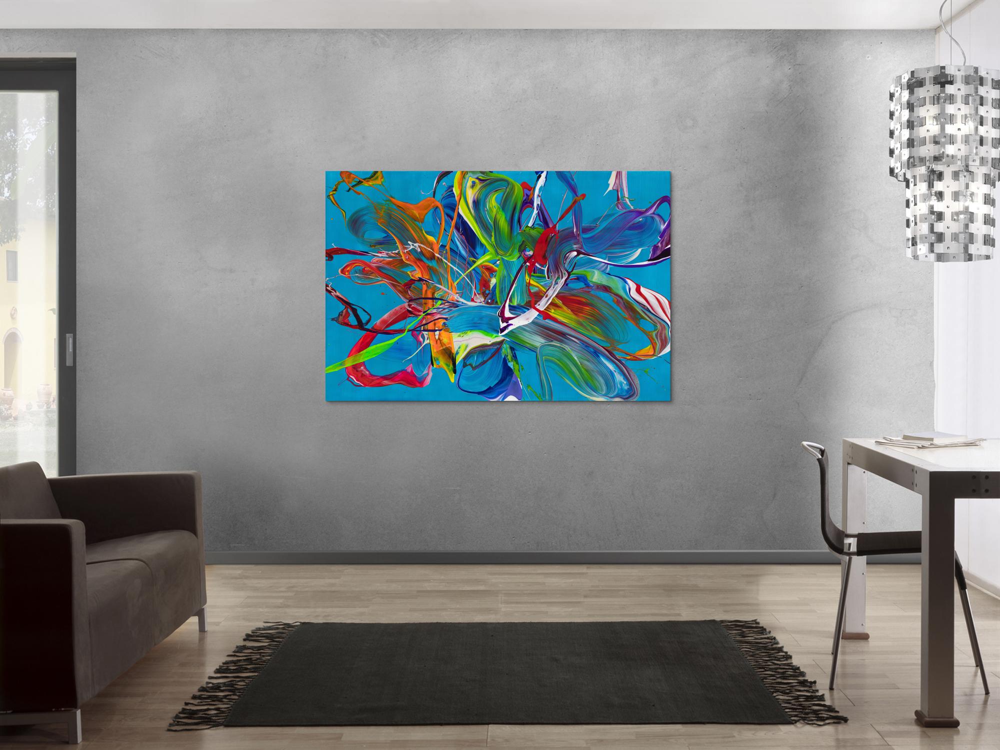 Original Gemälde abstrakt 100x150cm Action Painting Modern Art handgemalt Fluid Painting türkis bunt blau einzigartig