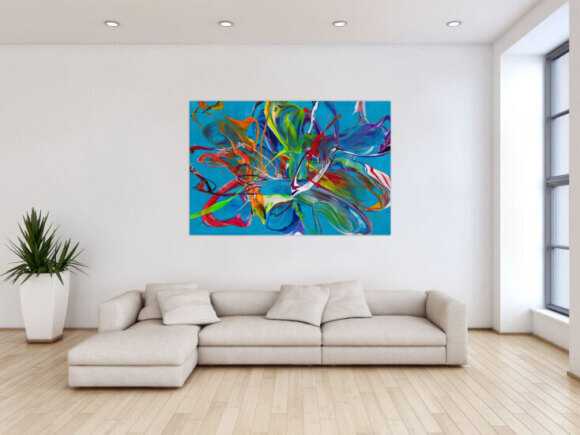 Original Gemälde abstrakt 100x150cm Action Painting Modern Art handgemalt Fluid Painting türkis bunt blau einzigartig