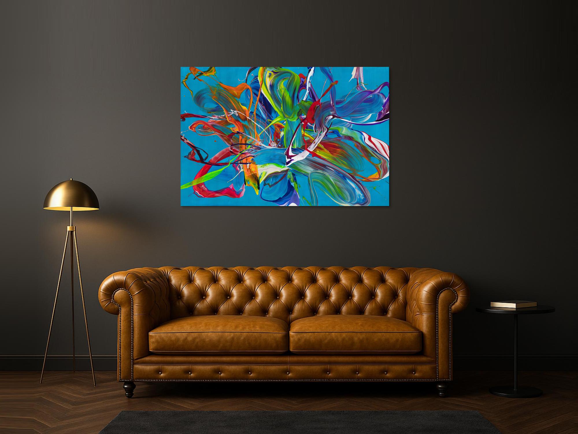 Original Gemälde abstrakt 100x150cm Action Painting Modern Art handgemalt Fluid Painting türkis bunt blau einzigartig