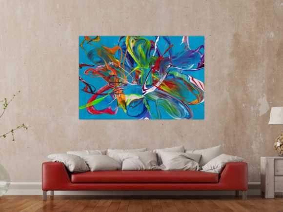 Original Gemälde abstrakt 100x150cm Action Painting Modern Art handgemalt Fluid Painting türkis bunt blau einzigartig