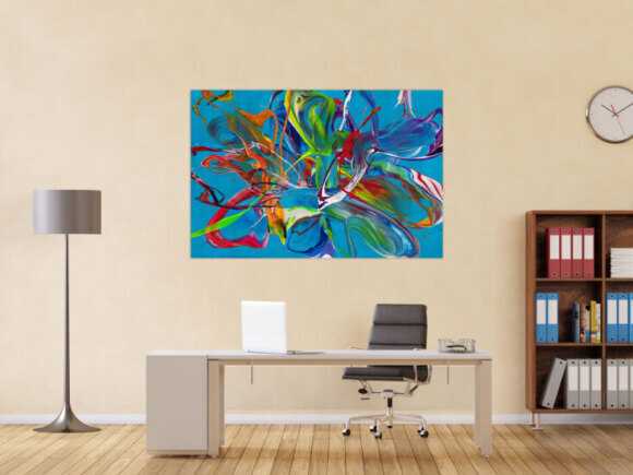 Original Gemälde abstrakt 100x150cm Action Painting Modern Art handgemalt Fluid Painting türkis bunt blau einzigartig
