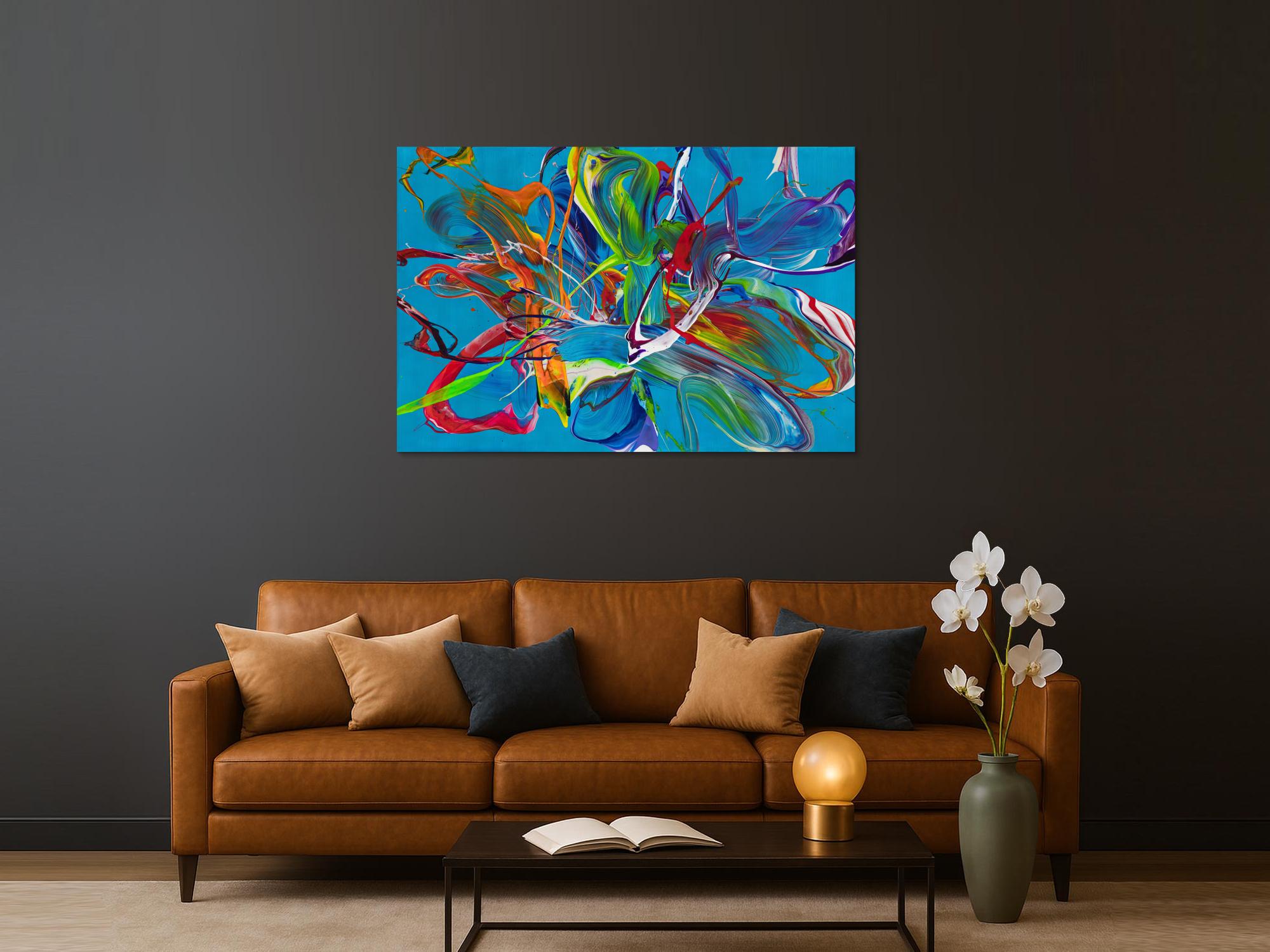 Original Gemälde abstrakt 100x150cm Action Painting Modern Art handgemalt Fluid Painting türkis bunt blau einzigartig